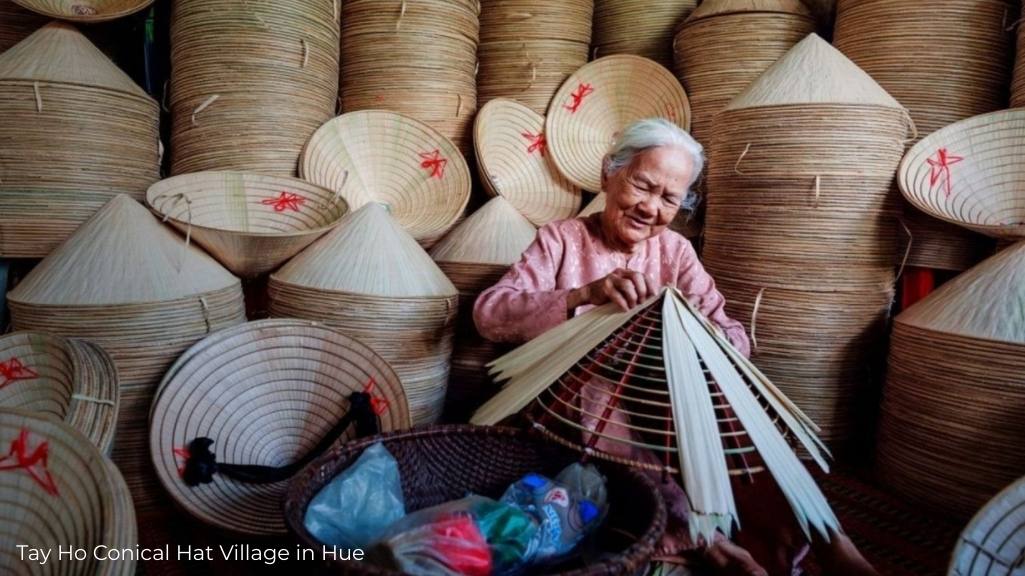 Artisan crafting a conical hat in Hue