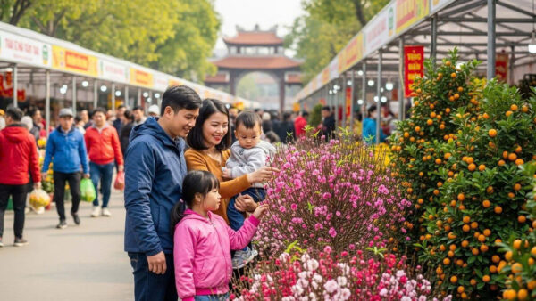Tet flower market with peach blossoms and kumquat trees